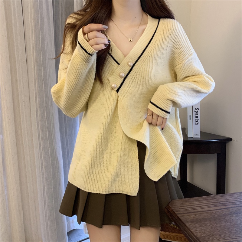 ZHELIHANGFEI Áo khoác cardigan dệt kim cổ chữ V tay dài dáng rộng đa năng