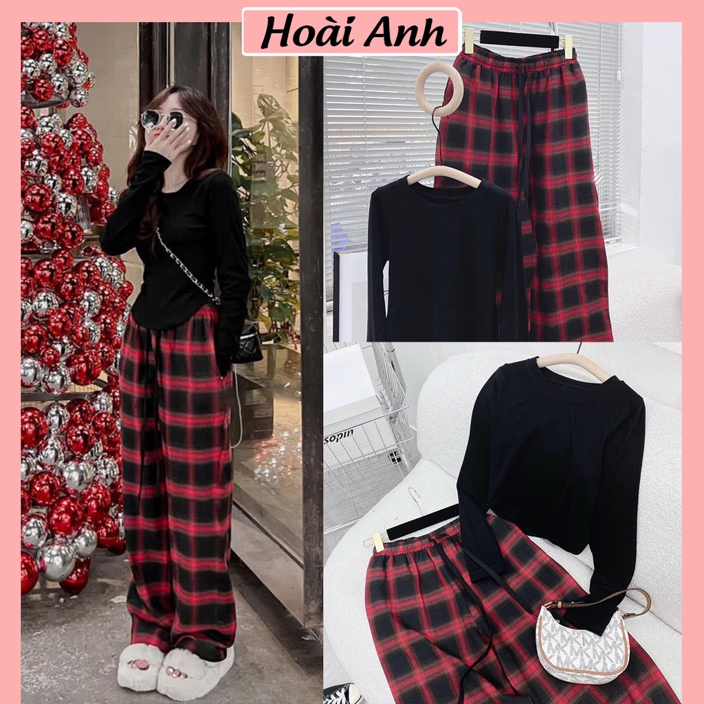 Bộ Đồ Nữ Noel Áo Kiểu Nữ Vạt Bầu Dài Tay Mix Quần Thô Kẻ Cạp Chun Freesize