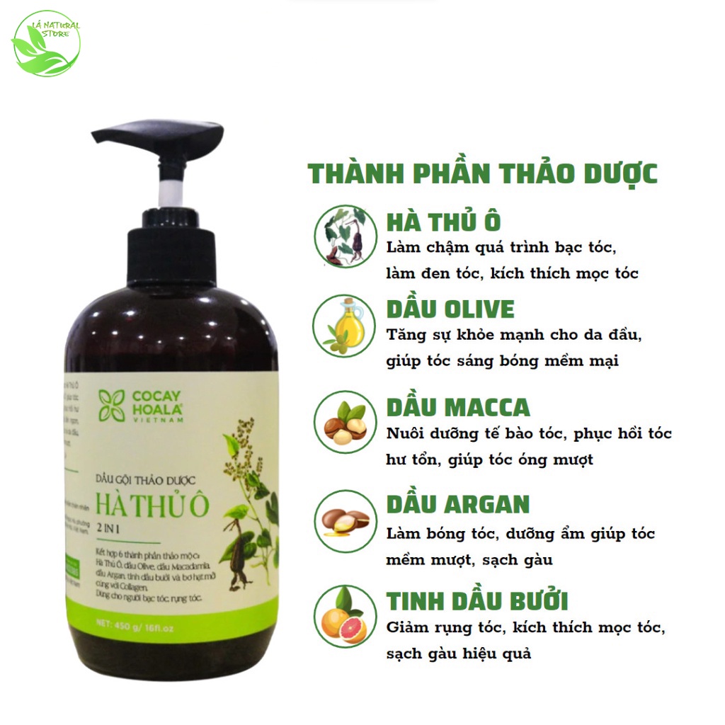 Dầu gội thảo dược Hà Thủ Ô cocayhoala 2in1 kích thích mọc tóc, giảm rụng tóc, bạc tóc 300gr,450gr Lá Natural Store