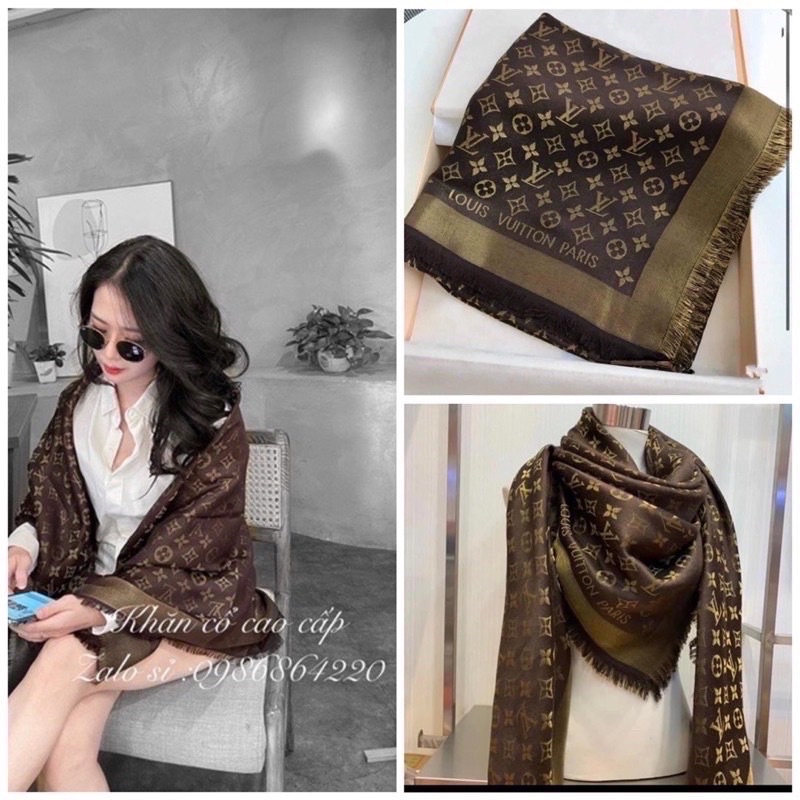 SALE khăn choàng cổ LV Nâu tây ánh kim , khăn quàng cổ kích thước 140x140cm  k kèm box