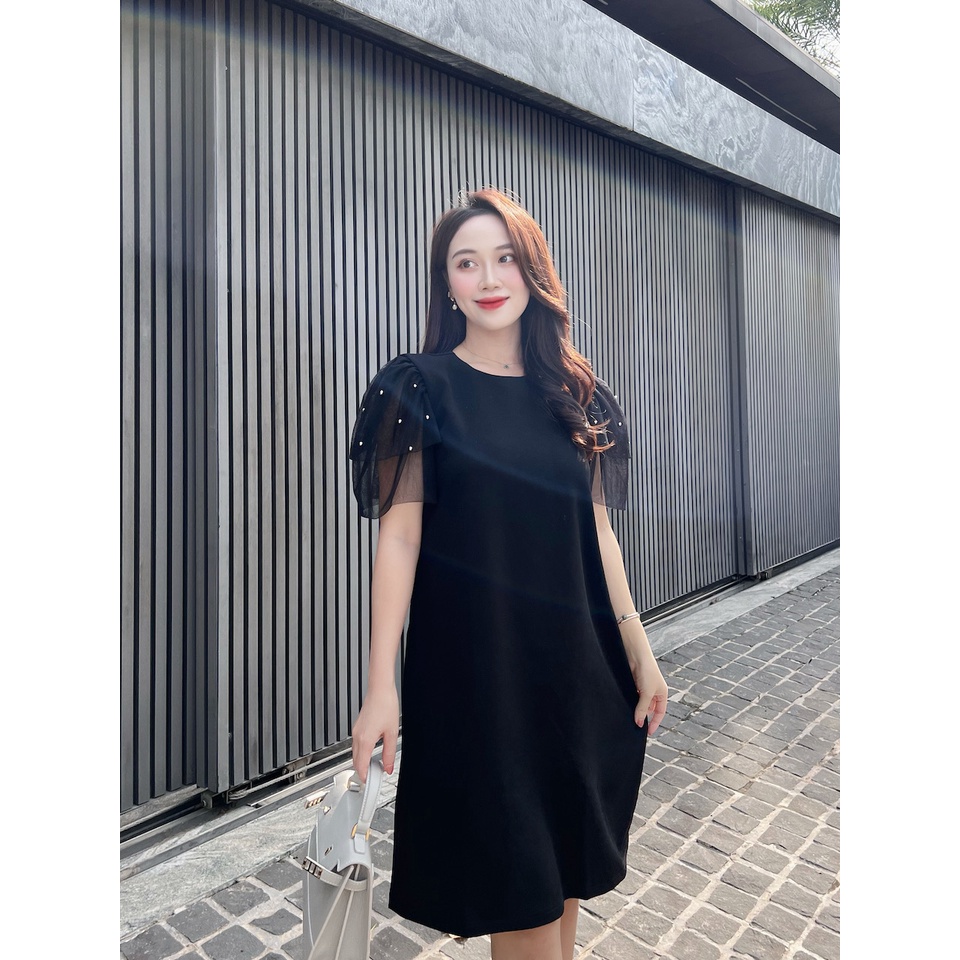 RẬP - Đầm Đính Hạt Trên Tay Lưới Hai Tầng - TITI 08 ĐEN