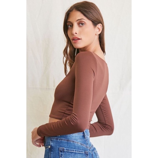✅ Áo thun dài tay croptop F21 mầu NÂU và TRẮNG - A8035