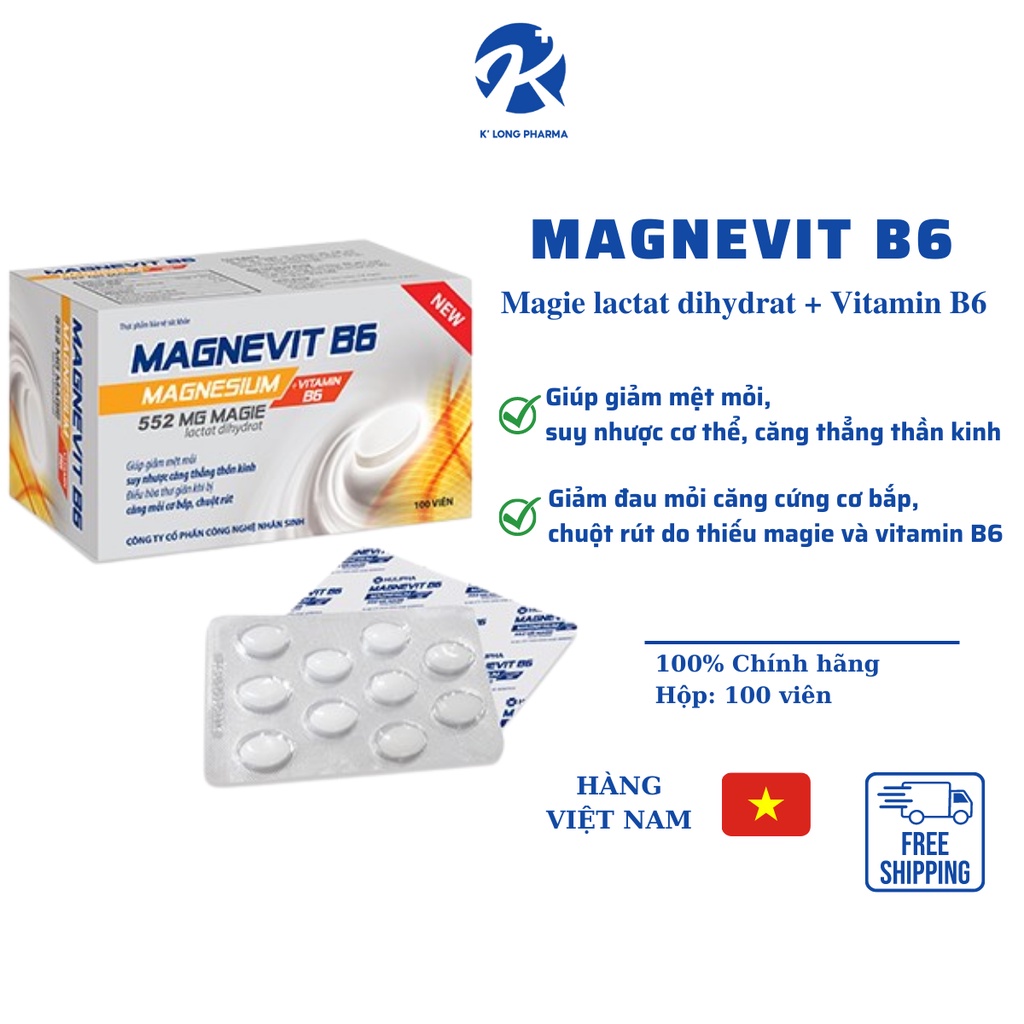 Viên Uống Bổ Sung Magiê Vitamin B6, Giúp Giảm Căng Thẳng Thần Kinh, Suy Nhược Mệt Mỏi Tinh Thần, Mất Ngủ, Chuột Rút