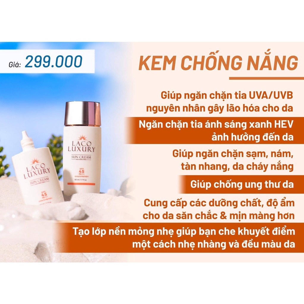 [Chính hãng] Kem Chống Nắng  Laco Luxury Sun Cream : Chất kem lỏng, nhẹ, tốc độ thẩm thấu nhanh, không gây bết dính