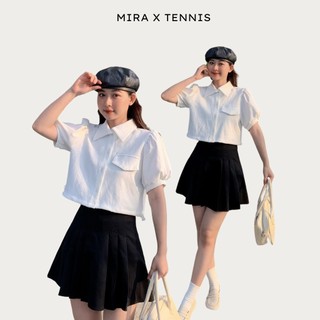 Áo cổ sơ mi crop rút eo tay phồng vải lạ đẹp mira taly a10111