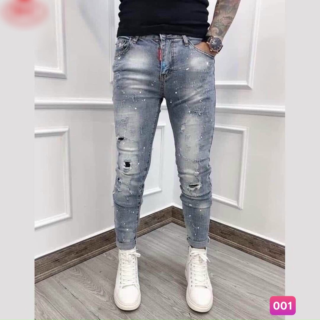 Quần Jeans Nam Chất Bò Rin Cao Cấp Đen Rách Vẩy Sơn Co Giãn Ống Côn Dáng Ôm Basic L1