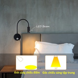 Đèn đọc sách đầu giường Led 3W - Nguồn 220V, Loại gắn tường, Gắn tủ sách, Ánh sáng chiếu rọi, Tích hợp đèn ngủ