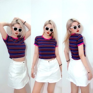 Áo croptop ôm thun bo sọc viền hồng