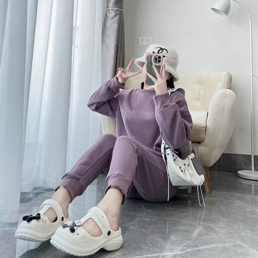 Bộ Nỉ Nữ Lót Bông Trơn Dáng Dài Hàng Quảng Châu SB3068- Lolla_Fashion