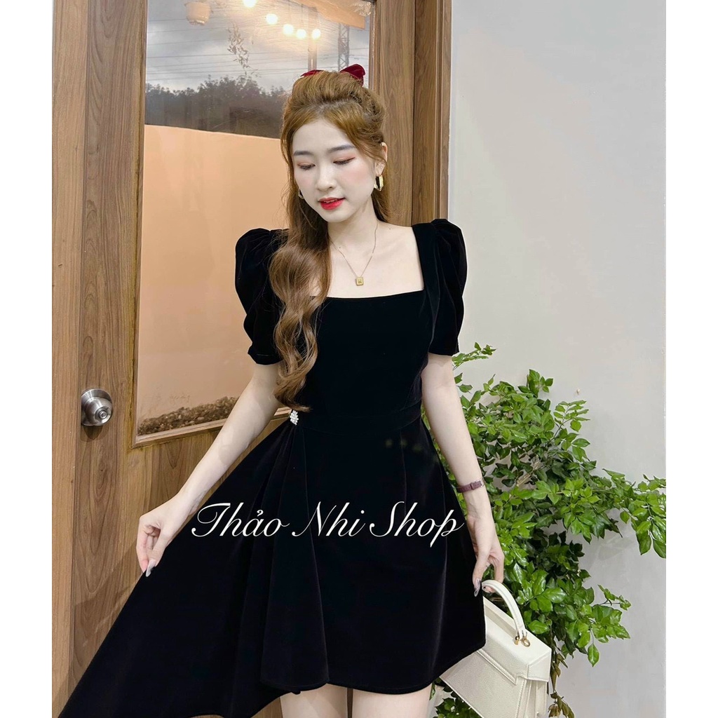 Đầm nữ thời trang mặc đi chơi chất nhung cứng cổ vuông tay phồng ngắn váy chữ A phối bèo eo dễ thương