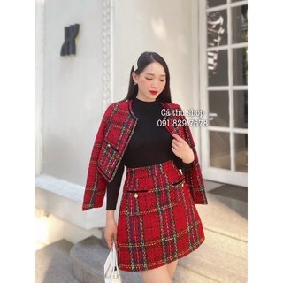 Set dạ kẻ caro ( áo + chân váy 2 lớp có lót quần)