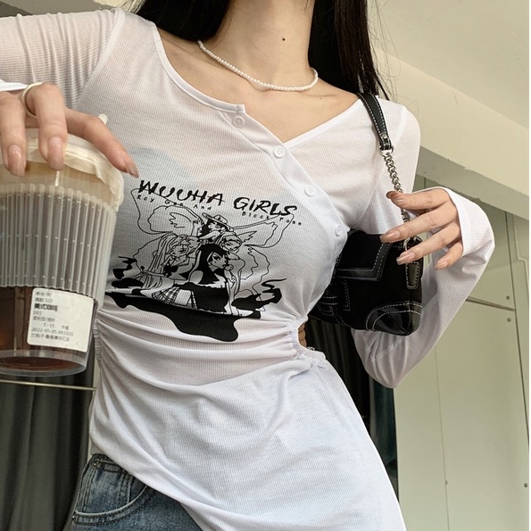Áo Thun Tay Dài Dáng Ôm Hở Eo Thời Trang Mùa Hè Cho Nữ
