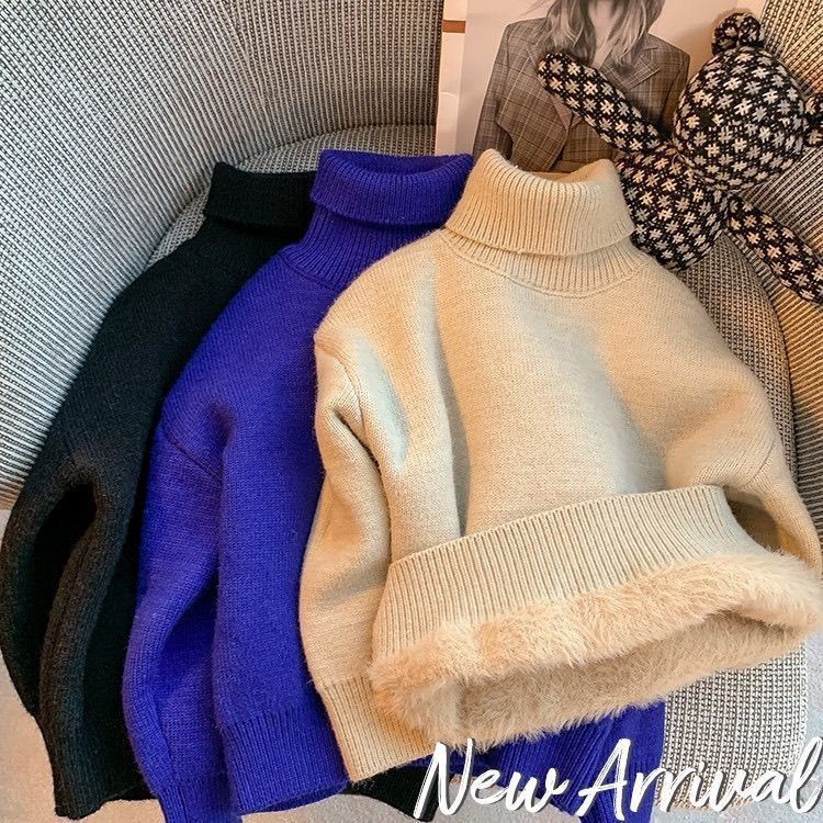 Áo Sweater Chui Đầu Cổ Cao Lót Lông Cừu Thời Trang Thu Đông Dành Cho Bé Trai Bé Gái