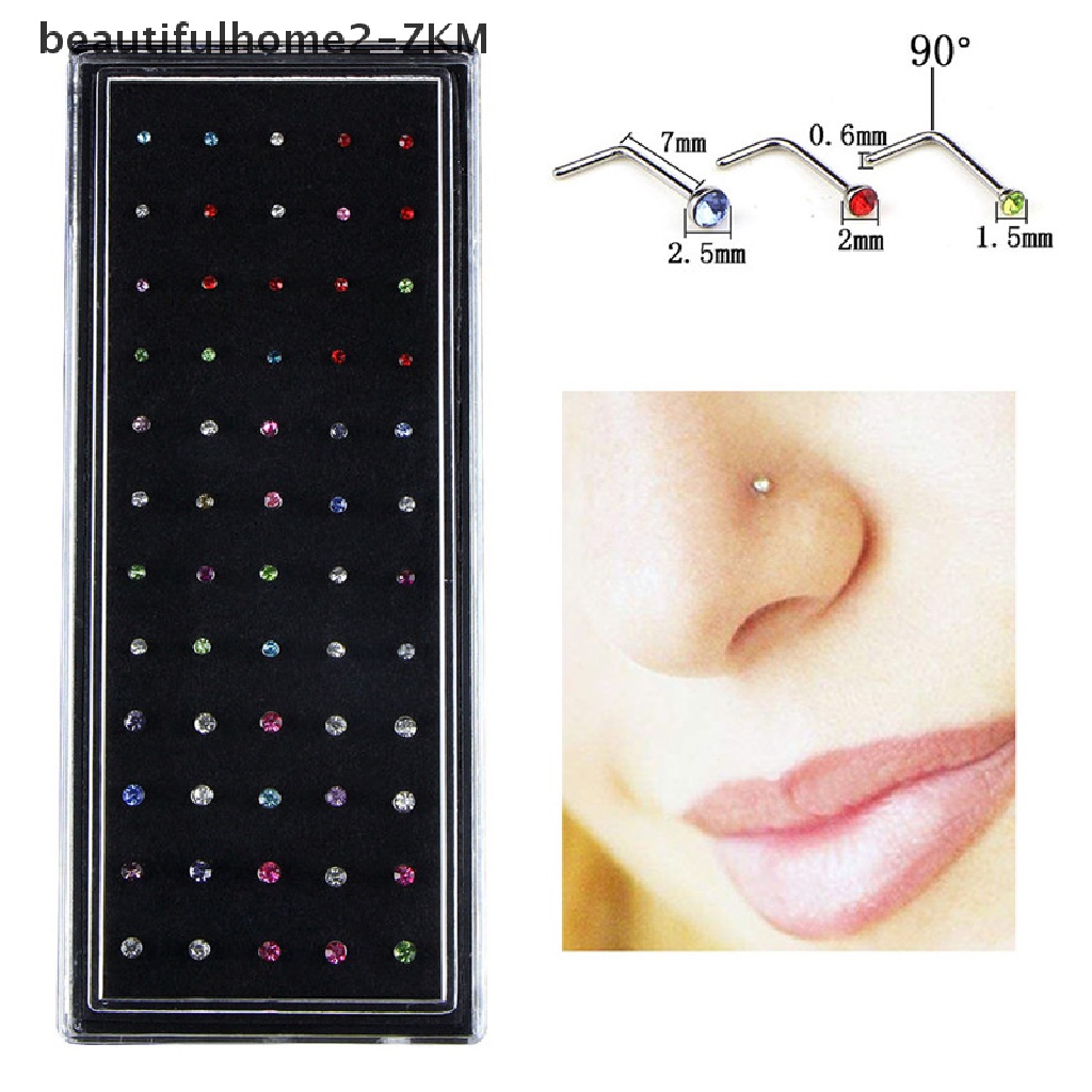 Set 60 Khuyên Mũi Thép Không Gỉ Đính Đá CZ Hình Chữ L