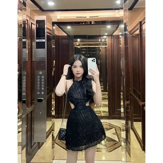 Đầm body phối lông khoét eo cổ yếm