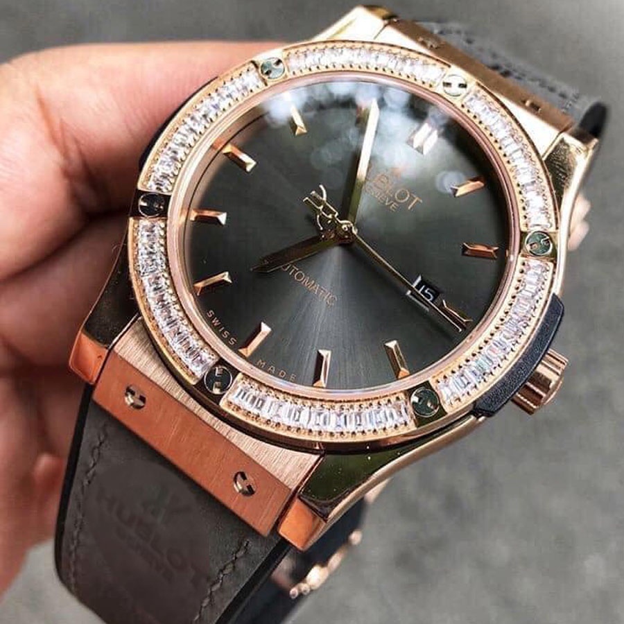 Đồng hồ Nam HL máy nhật Đồng hồ cơ Automatic mẫu đính đá đơn màu đen viền vàng size 38mm-42mm