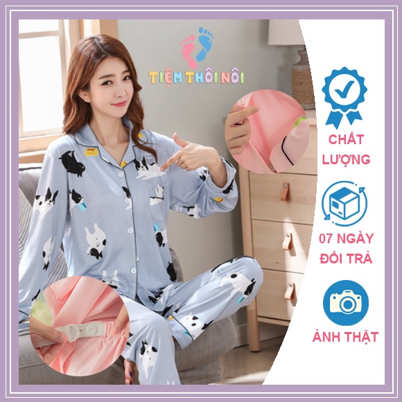 Đồ bộ sau sinh có áo kết hợp cho con bú và quần chỉnh size mặc bầu