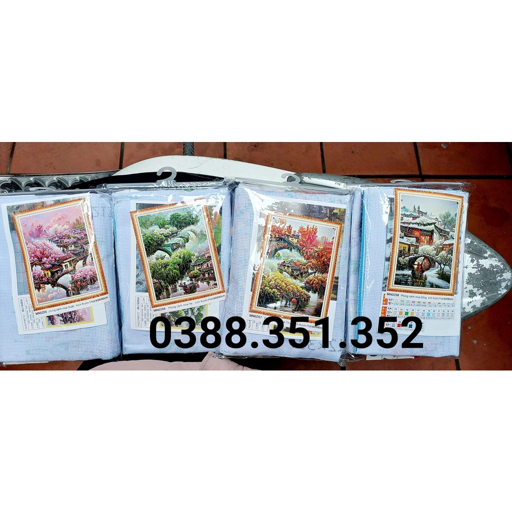 Tranh thêu chữ thập tứ quý phong cảnh bốn mùa thêu kín 60*90*4cm