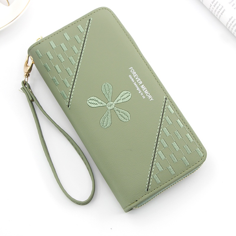 Ví Dài Màu Trơn Có Khóa Kéo Thêu Họa Tiết Cho Nữ