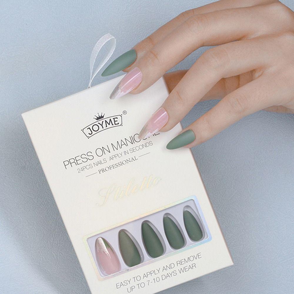 Bộ 24 Móng Tay Giả Màu Đen / Xanh Lá / Hồng / Xanh Lá Kiểu Pháp Có Thể Tháo Rời