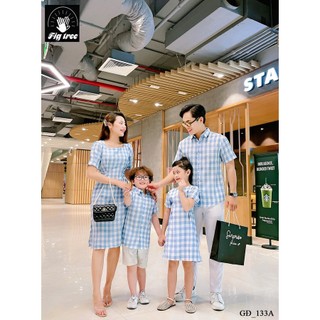 Combo Sơ Mi Váy Gia Đình FIGTREE Caro Xanh Mã 133A Siêu Yêu Thương