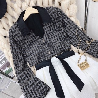 Set croptop dạ cổ vest chân váy trắng