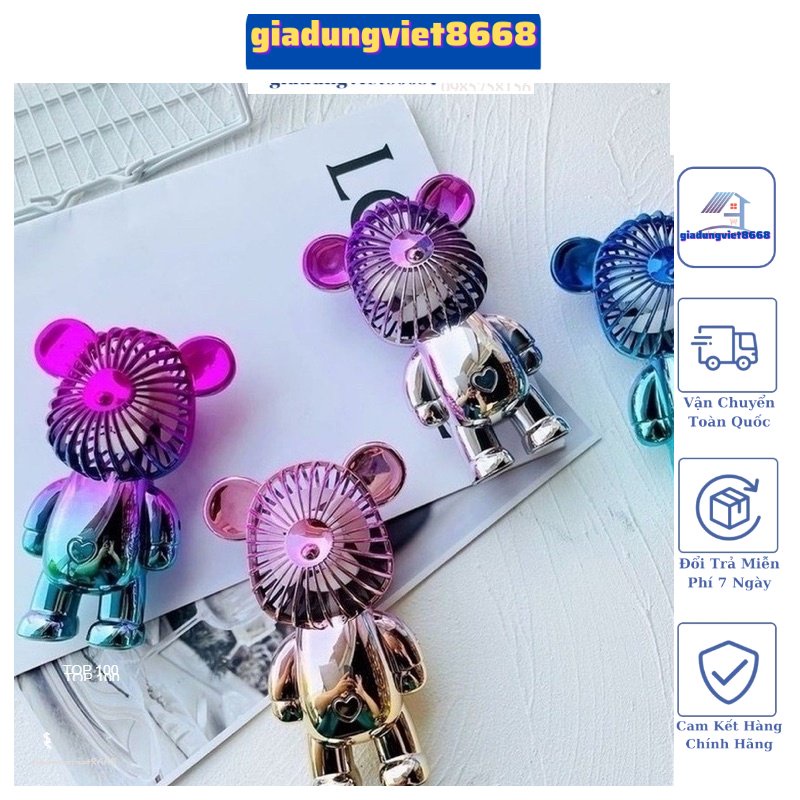 Quạt Tích Điện Mini Để Bàn Decor Siêu Dễ Thương Có Sạc USB có sẵn,Quạt Mini Cầm Tay Gấu Bearbrick
