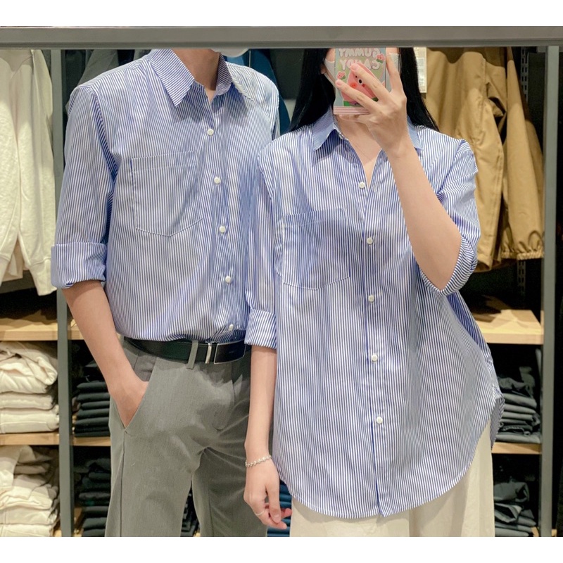 Sơmi kẻ xanh đôi nam nữ