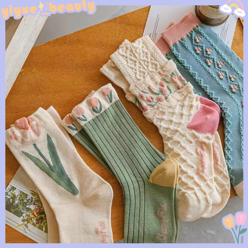 Vớ Dài Trung Bình Họa Tiết Hoa Tulip Mori Thu Đông Mới Cho Nữ ruiyan HB