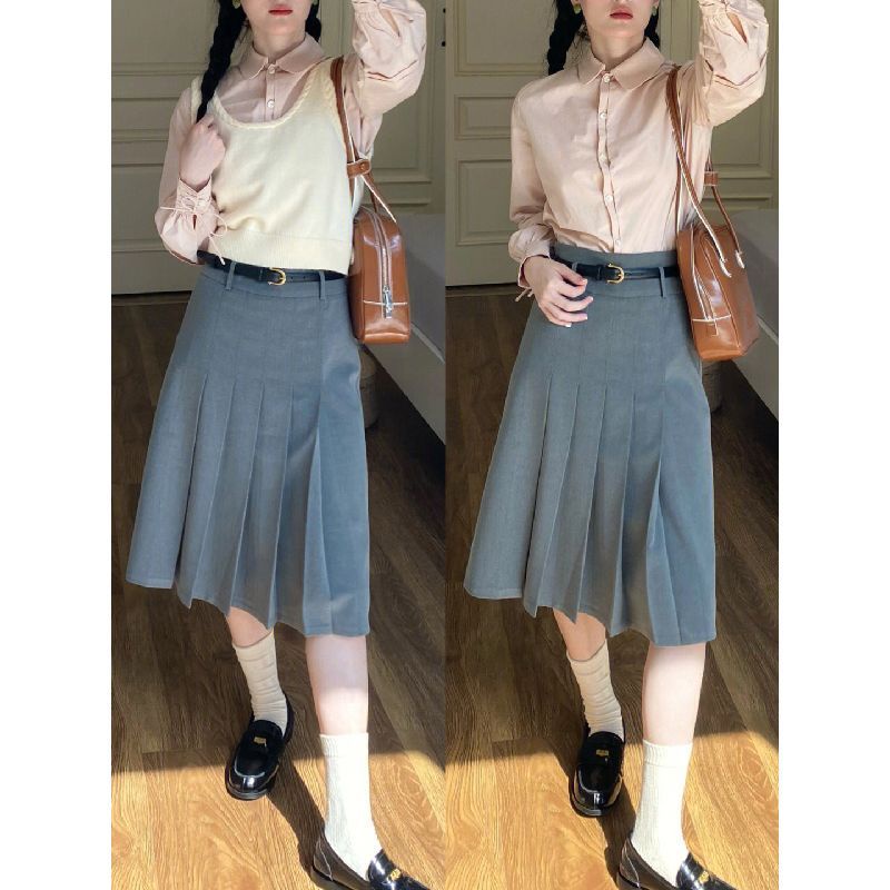 Set Áo Sơ Mi Trơn Màu + Áo Khoác Ghi Lê + Chân Váy Xếp Ly Thời Trang Dành Cho Nữ