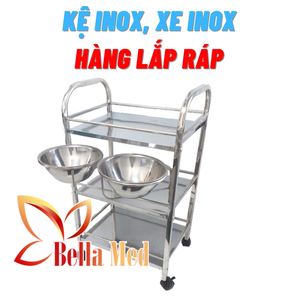 ( chỉ giao hỏa tốc HCM ) xe đẩy inox, kệ inox 3 tầng tặng kèm 2 thau có bánh xe hàng lắp ráp tiện dụng
