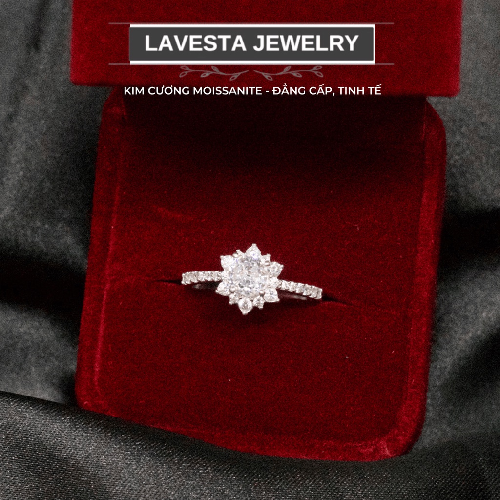 Nhẫn kim cương Moissanite nữ 5 ly, 6 ly kiểm định GRA KC05 LAVESTA mặt hoa 10 cánh