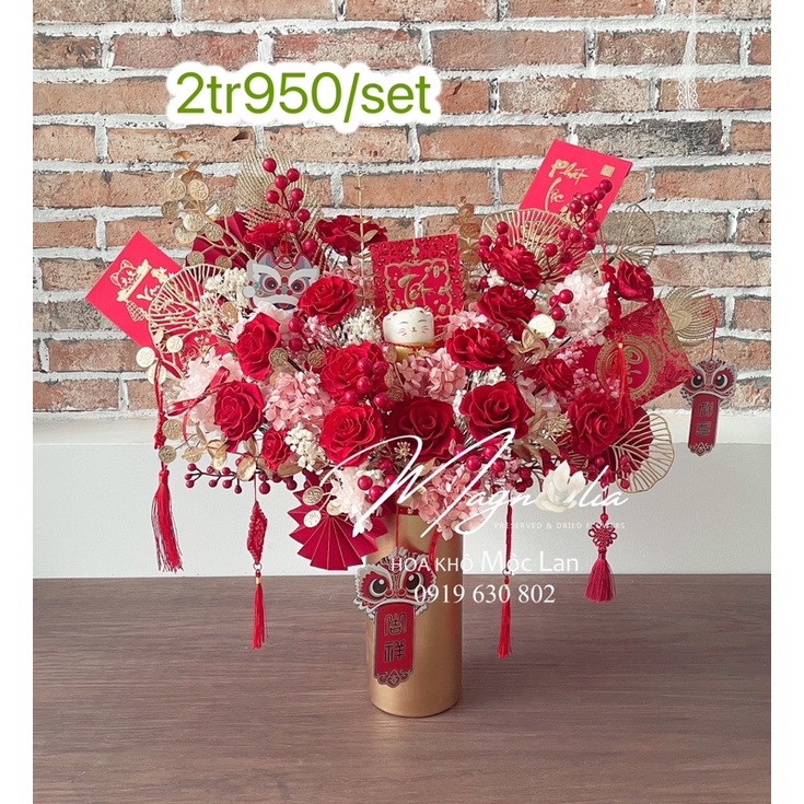 Set Chậu hoa khô đào đông cao cấp trưng Tết cắm sẵn