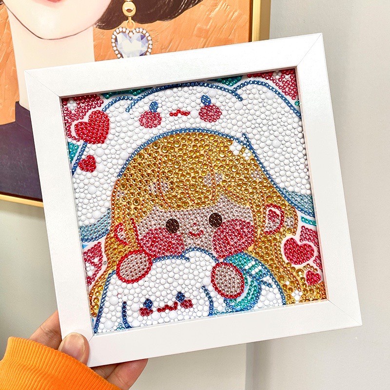 Tranh Đính Đá Kèm Khung 20x20 Hình Dễ Thương Cute Có Cả Bộ Dụng Cụ Sticker Đồ Thủ Công Cho Đính Đá