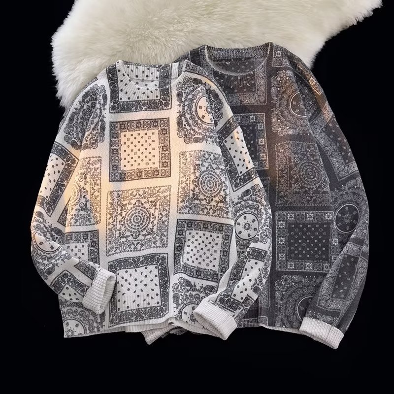 Áo Sweater Dệt Kim Tay Dài Cổ Tròn In Họa Tiết Thổ Cẩm Kiểu Harajuku Thời Trang Mùa Đông Cho Nam