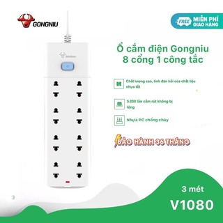 Ổ cắm điện Gongniu 8 ổ 1 công tắc - 2500W 10A -250V mã (V1080) bảo hành 36 tháng đổi mới