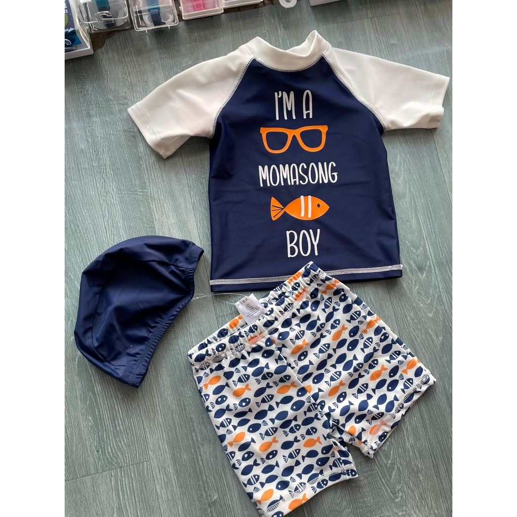 Bộ bơi bé trai cộc rời, xanh tay trắng, hình cá, Momasong  908048