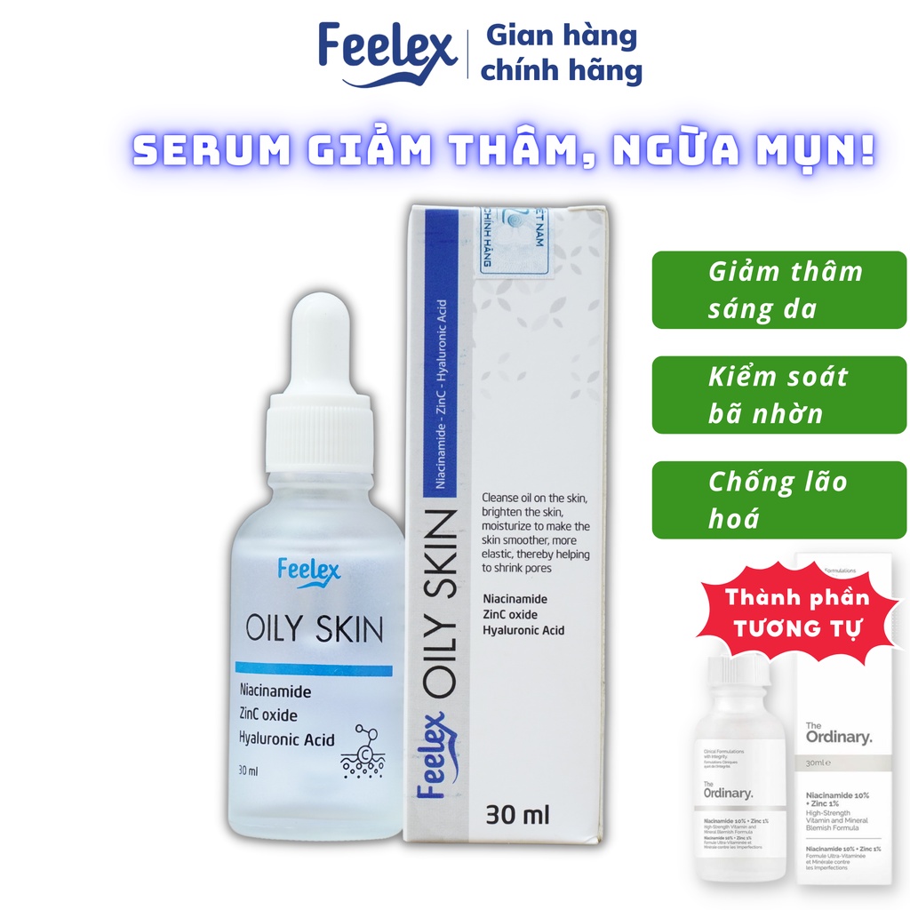 Serum Feelex Oily Skin Niacinamide + Zinc giúp dưỡng ẩm, cân bằng bã nhờn, sáng da như the Ordinary - Lọ 30ml