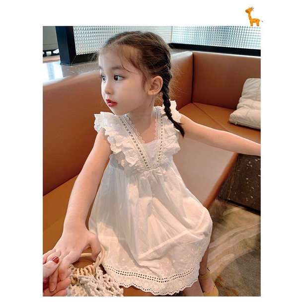 Đầm ren màu trắng cổ v tay cánh tiên phong cách hàn quốc cho bé gái phù hợp mặc đi chơi đi biển thời trang mùa xuân hè