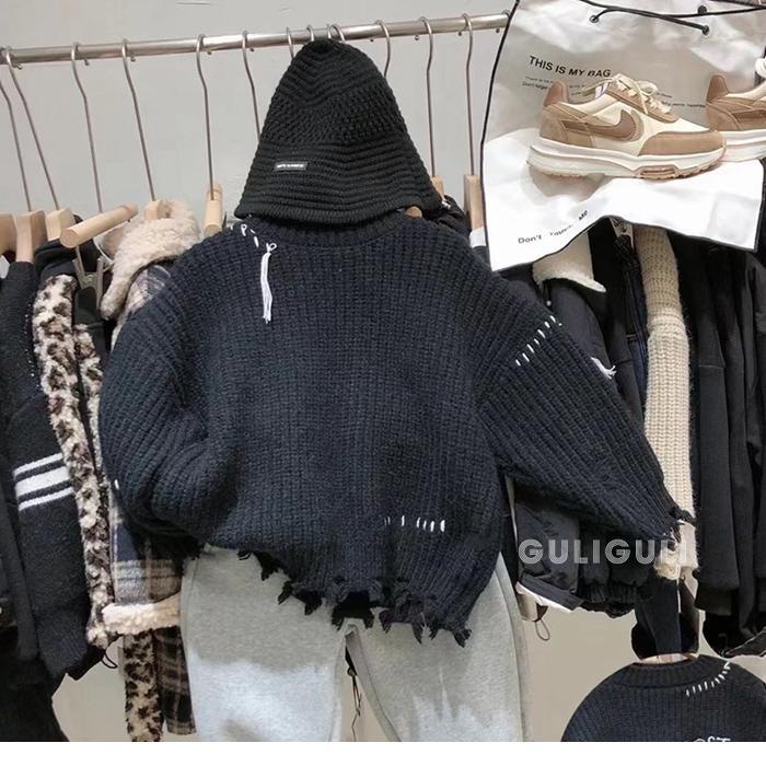 Áo Sweater Đen Thiết Kế Rách Thời Trang Thu Đông Phong Cách Hàn Quốc Cho Bé Trai