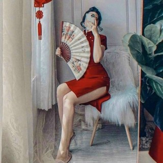 Sườn xám nhung đỏ xẻ đùi hàng 2 lớp size s,m,l chuẩn đẹp