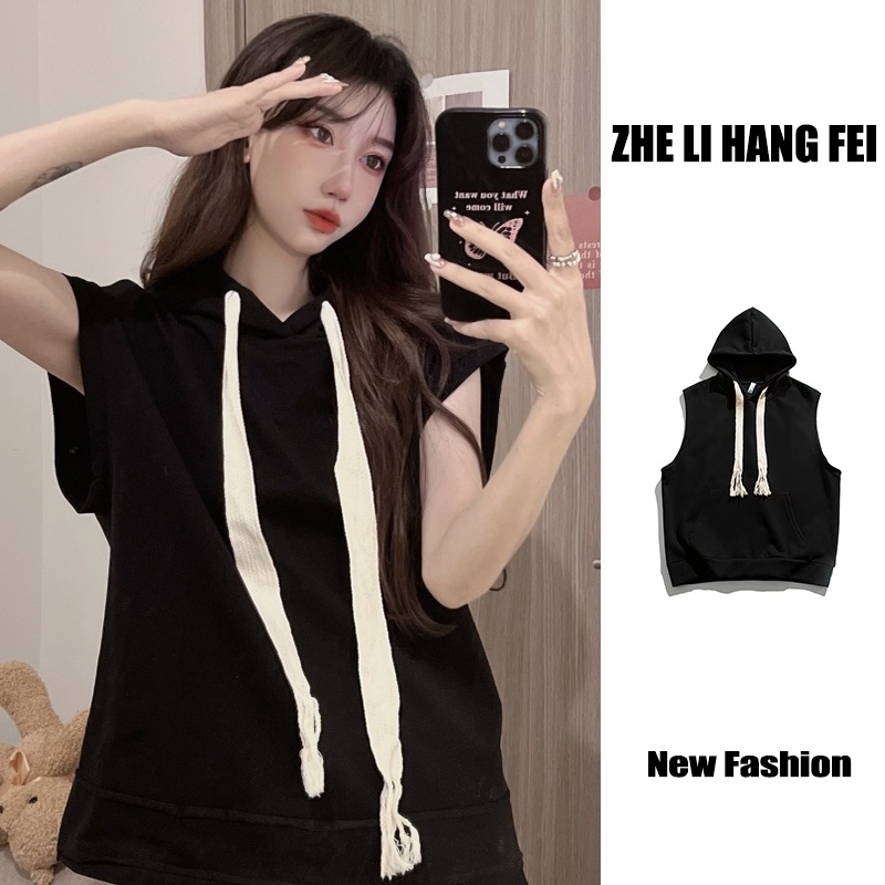 Áo hoodie ZHELIHANGFEI không tay dáng rộng kiểu dáng hợp thời trang