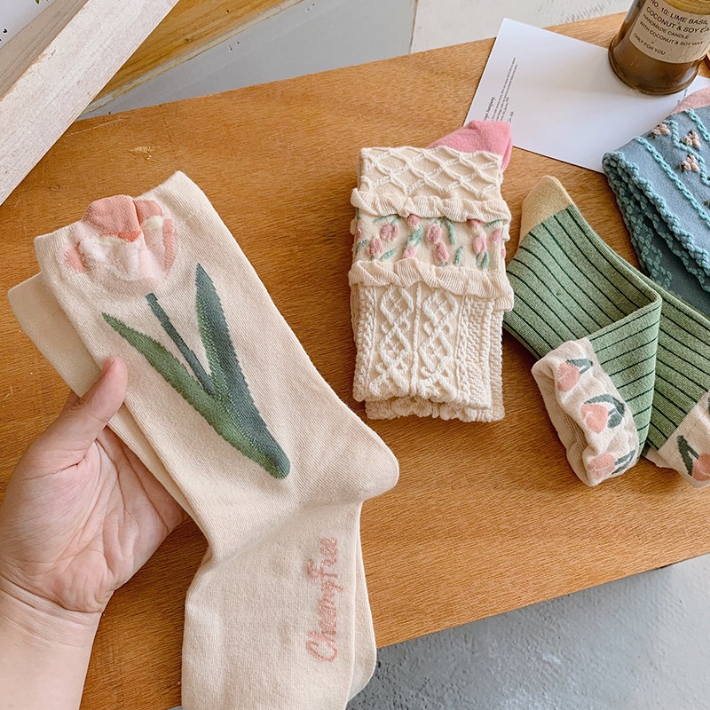 Vớ Dài Trung Bình Họa Tiết Hoa Tulip Mori Thu Đông Mới Cho Nữ ruiyan HB