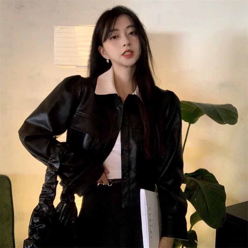 ÁO KHOÁC DA PHỐI MÀU DÁNG NGẮN AKDTHP