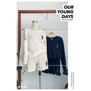 Set bộ chất da cá thêu gấu kèm quần short lưng thun có túi hai màu freesize Pumi