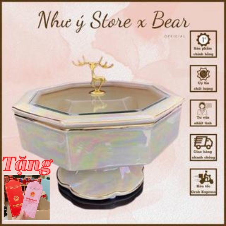 Bộ Khay Sứ Đựng Bánh Mứt Kẹo Nắp Hươu Màu Ngà Sang Trọng Cao Cấp - Mã B-CRS, Thích Hợp Dùng Trong Ngày Lễ Tết