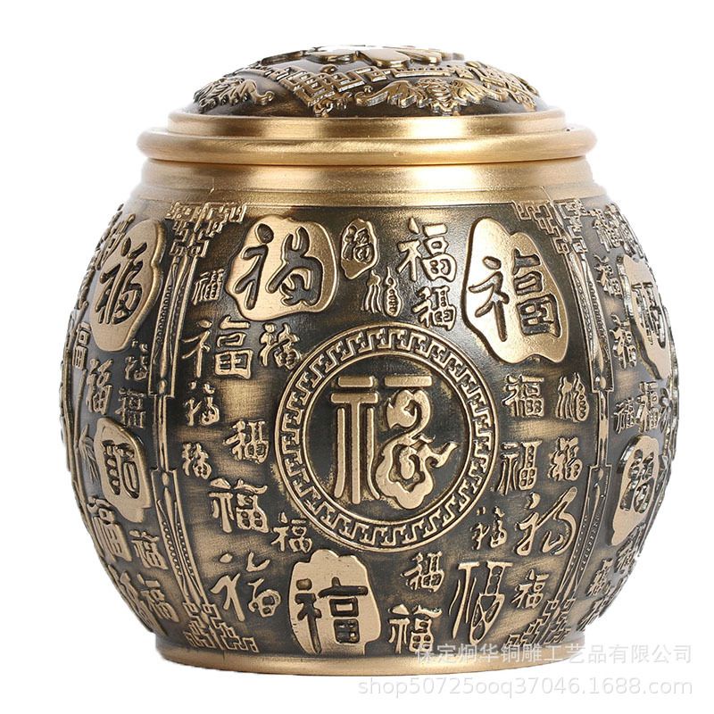 Hũ Đựng Trà Bằng Đồng Hoa Văn Chữ Cổ Sang Trọng-Cao Cấp