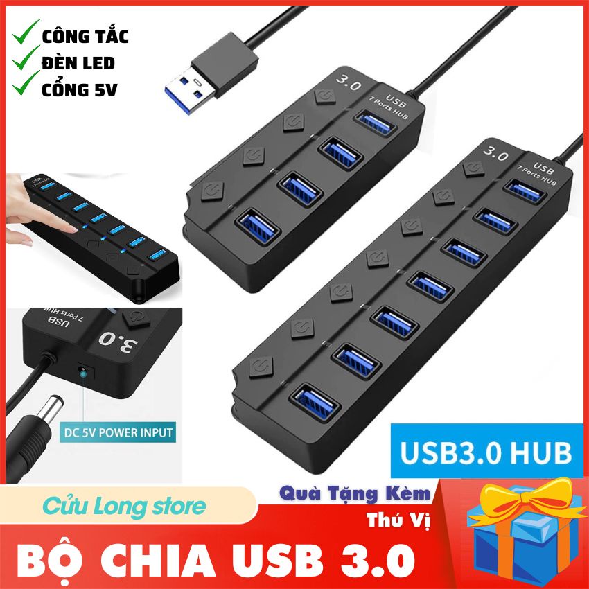 Bộ Chia Cổng USB 3.0 Hub đầu chia đọc dữ liệu tốc độ cao 5Gbps cục chia usb có công tắc nguồn an toàn đèn Led báo