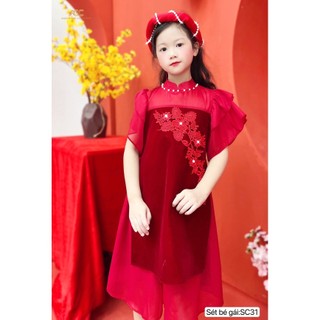 Set áo dài đỏ cho bé gái nhung phối voan thiết kế cao cấp SC31- DVC