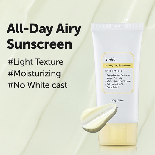 [SAMPLE] Kem Chống Nắng Mỏng Nhẹ, Cấp Ẩm Cho Da Klairs All Day Airy Sunscreen SPF50+ PA++++ 2g